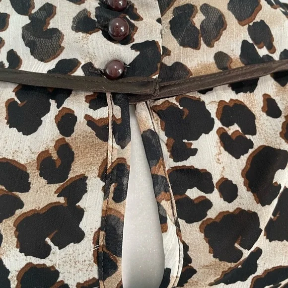 Leopard Print Ruffle Sheer Blouse Sleeveless High Neck Bow Animal Print — Size S - Picture 9 of 14